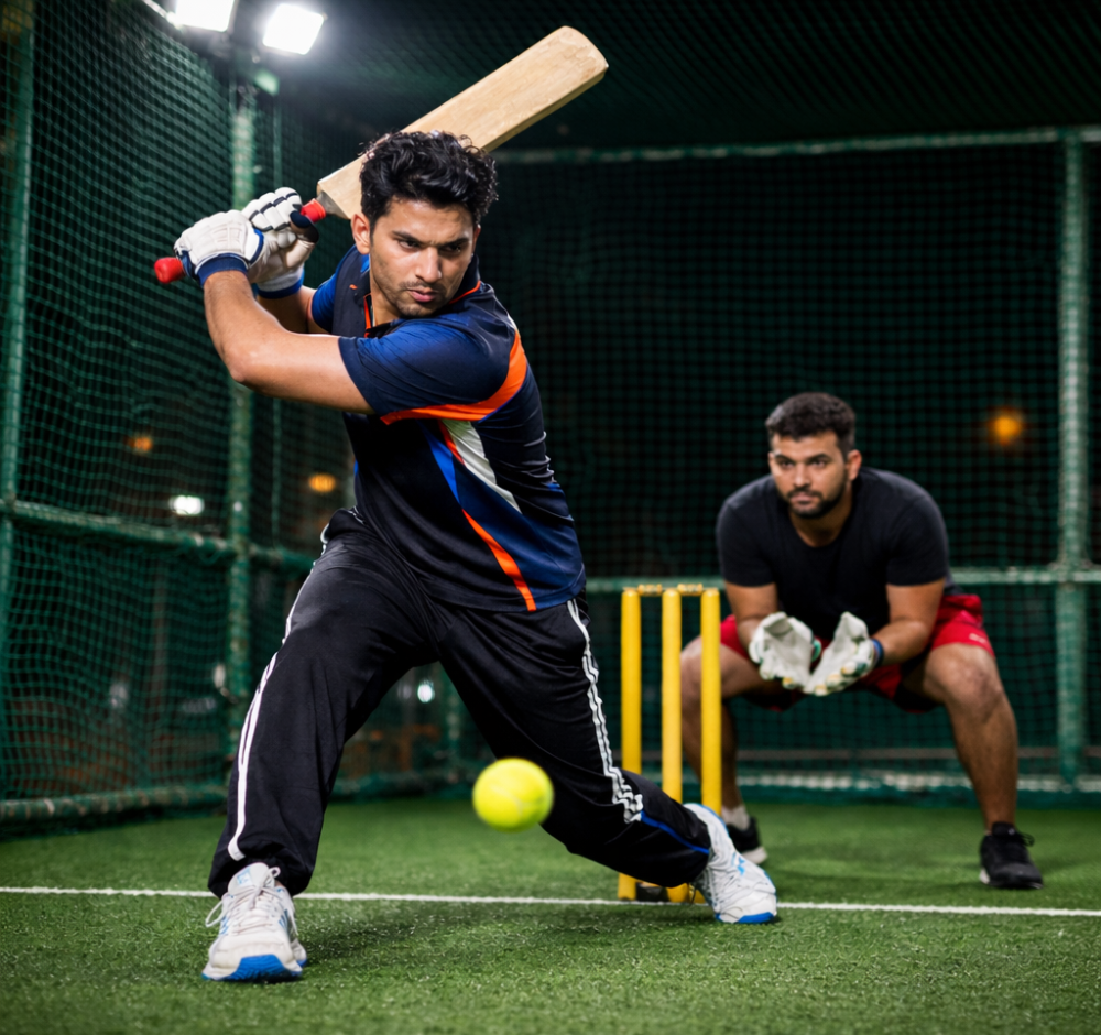 Action shot of a cricket match at night